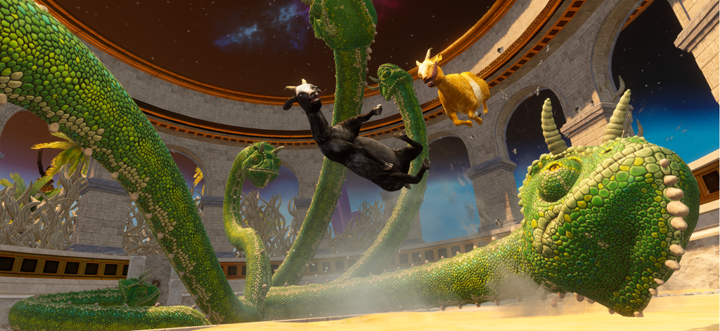Two goats jumping in a chaotic arena featuring a giant multi headed chameleon monster