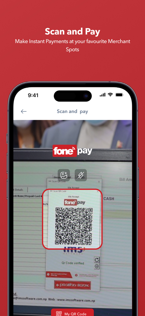 Fonepay App - Fonepay mobile app interface showing the QR code scanner for instant merchant payments