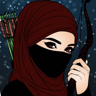realistic muslim woman face covered holding a bow and arrows
