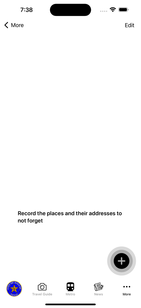 사용자가 장소와 주소를 저장할 수 있는 댈러스 여행 가이드 앱의 개인 맞춤형 일정 화면.