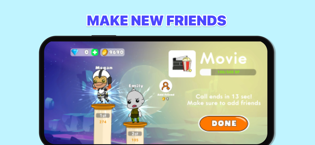 Una pantalla de juego móvil que muestra dos avatares de personajes en un podio de ganadores con una llamada a la acción para hacer nuevos amigos y agregar jugadores después de una ronda de trivia de películas.