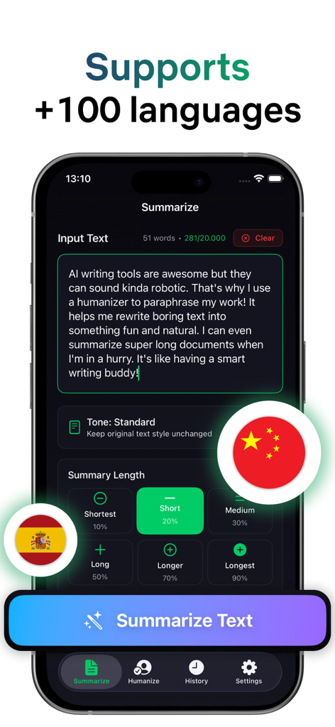 100以上の言語をサポートするテキスト要約機能を備えたHumanize AIアプリインターフェース。