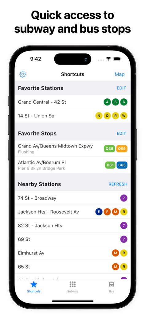 Subway Time NYC - Subway Time NYC app interface showing favorite subway stations and nearby stops on an iPhone.