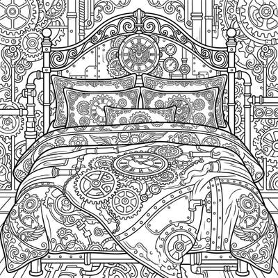 Dive into a world where comfort meets complex machinery with this unique Steampunk bedding coloring page. Featuring an elaborate bed adorned with gears, clocks, and steam-powered motifs, it offers a fascinating blend of industrial charm and cozy relaxation.