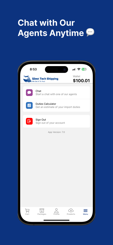 West Tech Shipping - West Tech Shipping mobile app menu showing the customer chat and duties calculator options