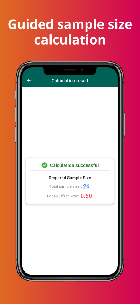SAPO: AI Statistical assistant - Interface of SAPO AI Statistical Assistant displaying a successful sample size calculation result.