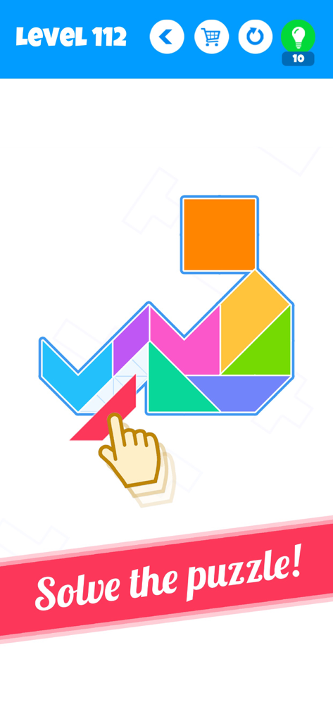 Blocks - New Tangram Puzzles - A person solving a colorful tangram block puzzle on a mobile screen.