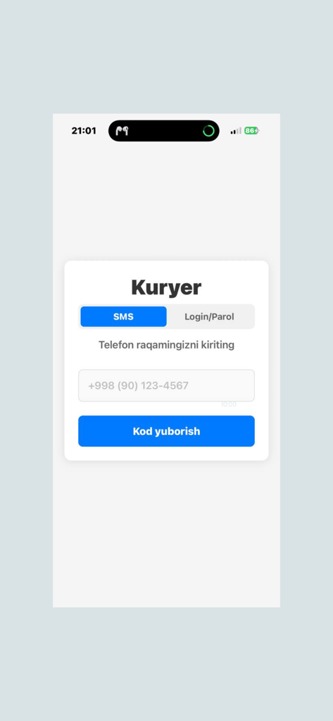 Courier Lite - Pantalla de inicio de sesión de la aplicación Courier Lite que muestra la entrada del número de teléfono para la verificación por SMS en idioma uzbeko