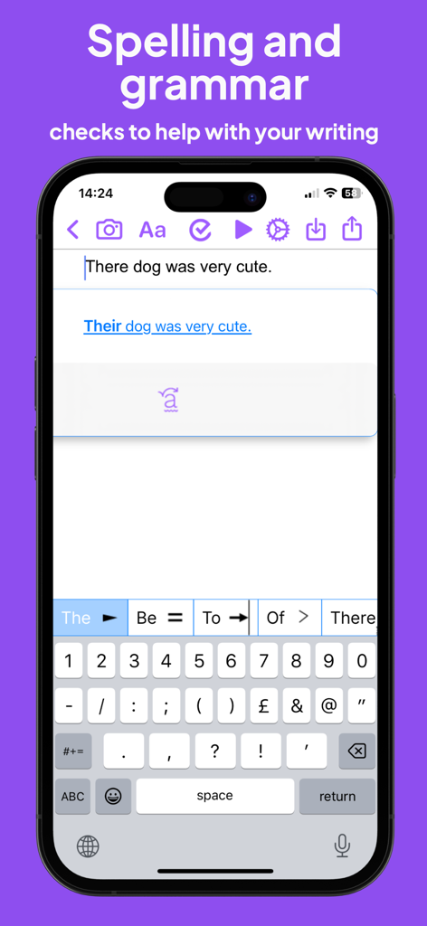 Captura de pantalla de la aplicación Read and Write que muestra una corrección gramatical para una oración y su teclado predictivo.