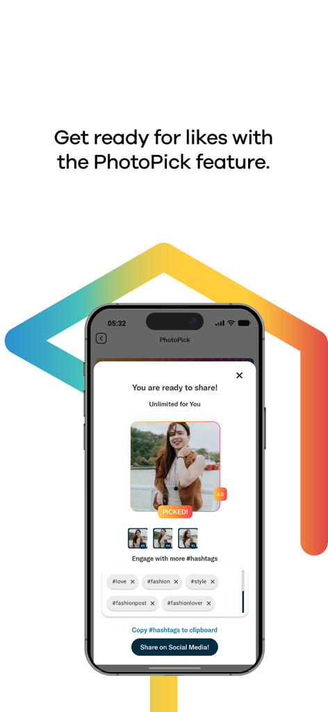 Lifebox: Storage & Backup - Interface of Lifebox app showing the PhotoPick feature with a selected photo and suggested social media hashtags