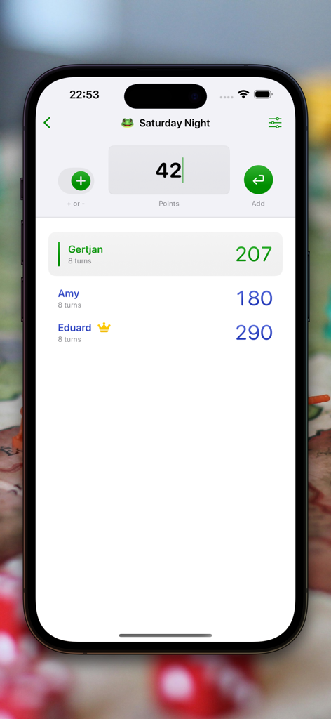 Game Score Tracker & Counter - Digital scoreboard interface on iPhone showing player points for a game night.