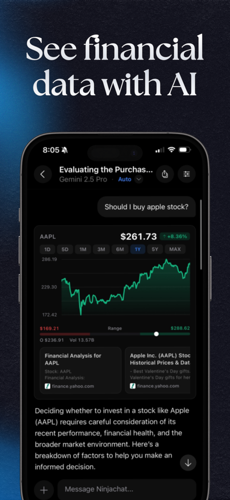NinjaChat AI - Interfaz de la aplicación móvil NinjaChat AI mostrando un análisis financiero y un gráfico de precios para acciones de Apple utilizando el modelo Gemini 2.5 Pro.