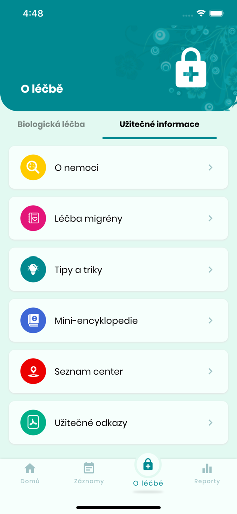 Migréna Kompas (CZ) - Migrena Kompas app screen displaying useful information and treatment resources for migraine patients.
