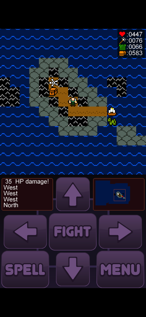 Retro 8-bit RPG gameplay in portrait mode featuring island exploration and touch controls