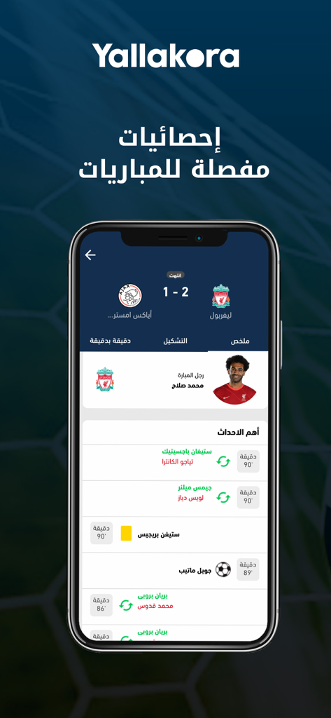 Yallakora - Yallakora app interface showing detailed football match statistics for Ajax vs Liverpool featuring Mohamed Salah.