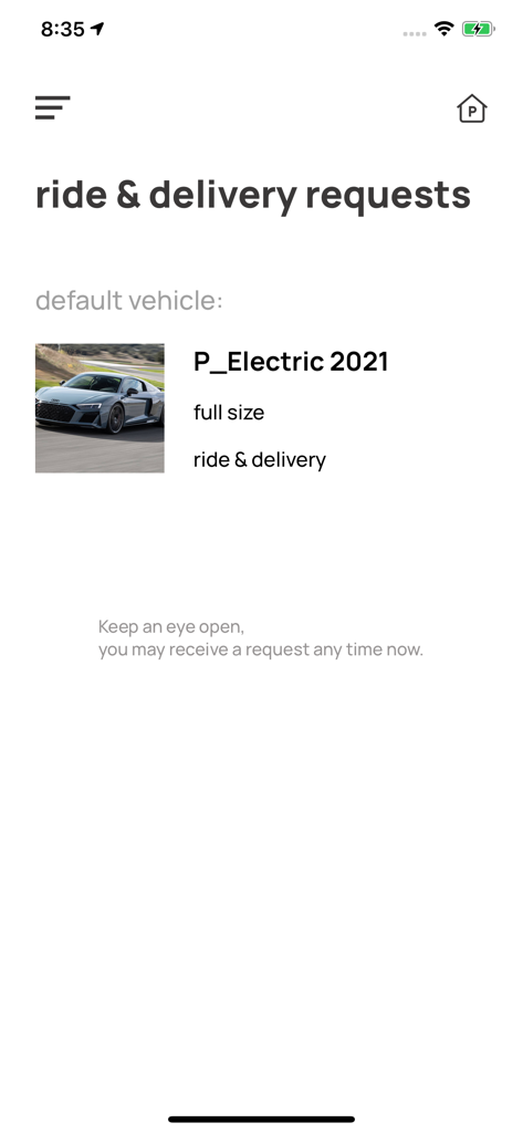 SPARK driver - Interface of the SPARK driver app showing the ride and delivery requests screen with a selected vehicle profile