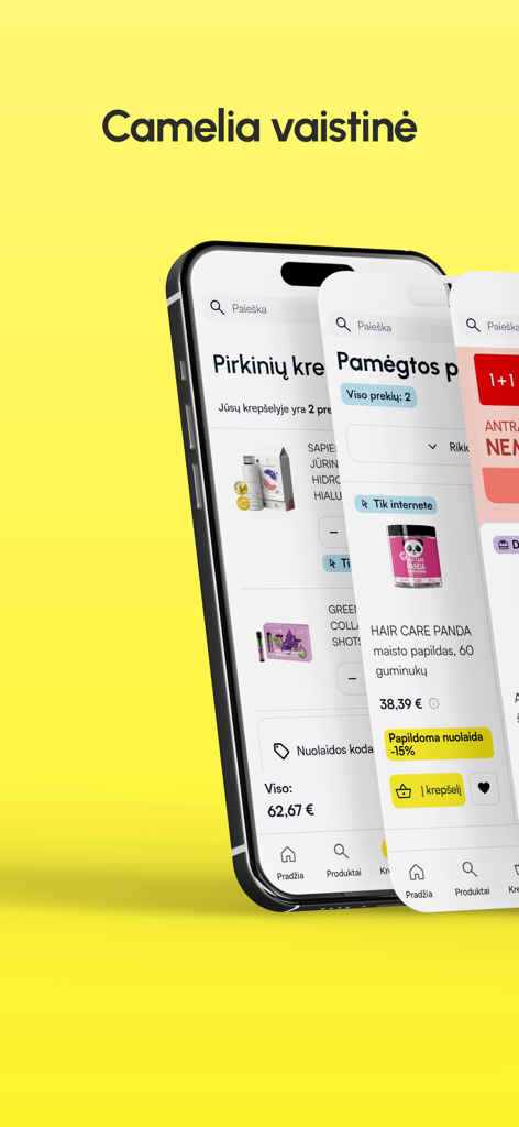 CAMELIA vaistinė - Oberfläche der Camelia Vaistine mobilen Apotheken-App, die den Warenkorb und die Favoriten anzeigt