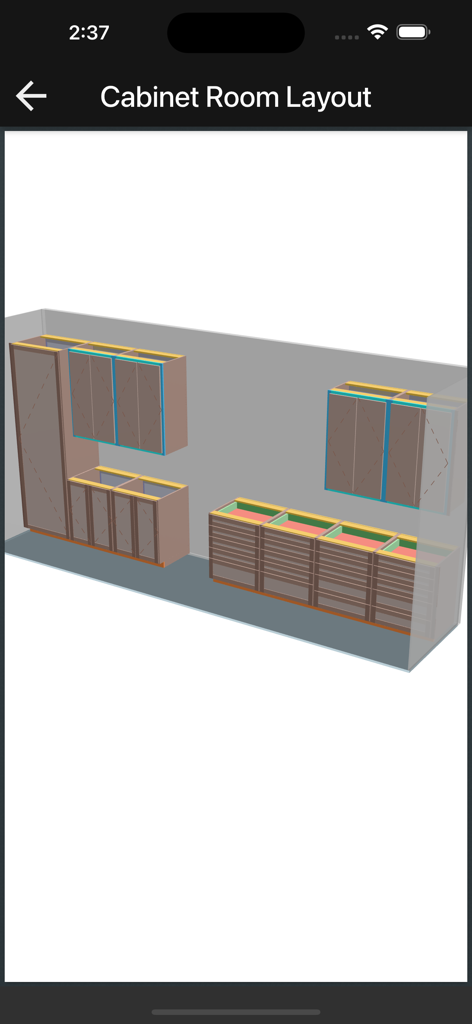 Visualisation 3D d'une disposition de pièce avec des armoires, présentant des armoires de base et murales avec des contours de mesure.