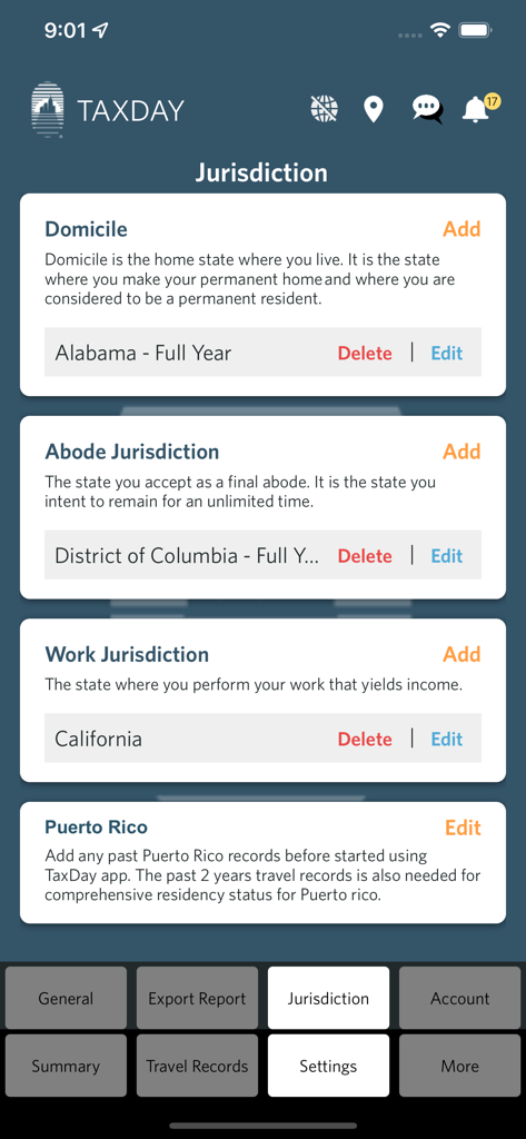 TaxDay - The TaxDay app jurisdiction settings screen showing domicile abode and work state configurations
