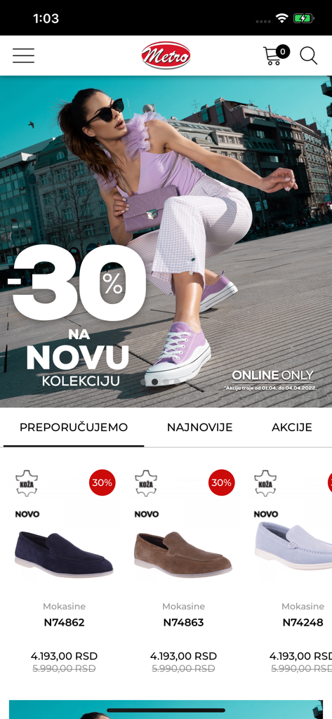 Obuca Metro mobile app homepage featuring a 30 percent discount banner and a selection of loafers