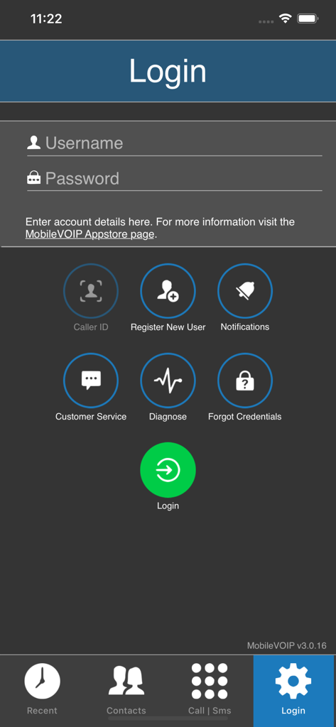 Login screen of the MobileVOIP international calls app with input fields for username and password