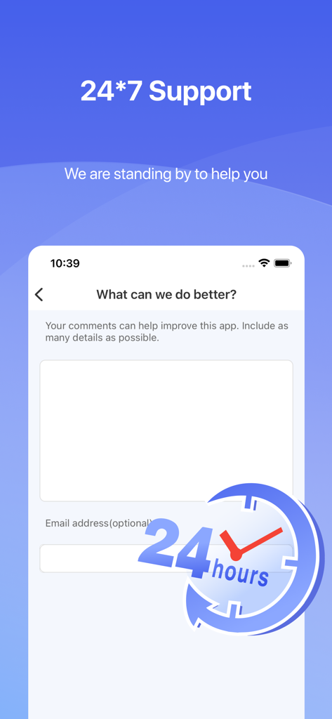Trend Micro Ad Blocker app screen displaying twenty four seven customer support and a feedback submission form