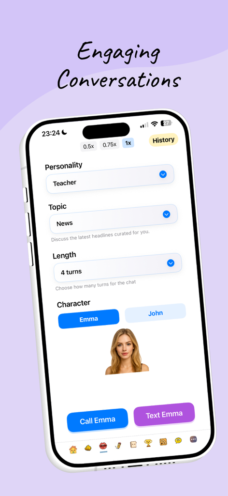 TalkHere - Language Learning - AI conversation setup screen with character selection in TalkHere app