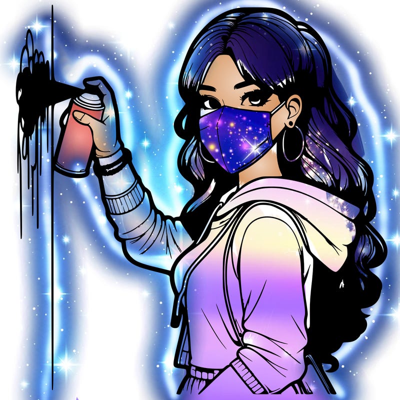 realistic girl with mask spray painting a wall