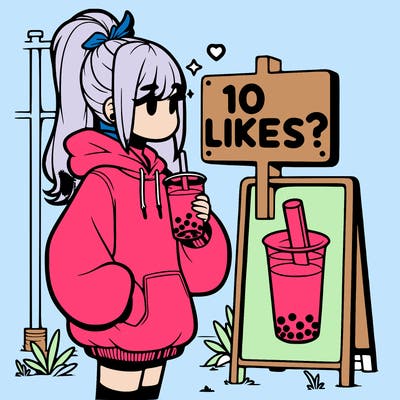 girl with oversized hoodie drinking boba and she has a high ponytail with a sign that says 10likes?