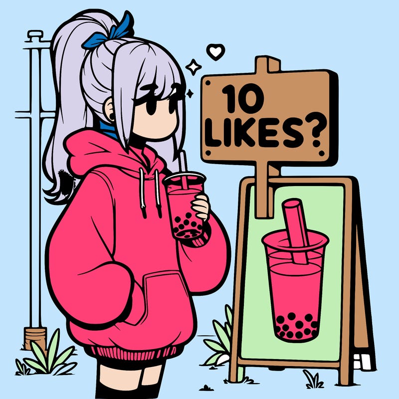 girl with oversized hoodie drinking boba and she has a high ponytail with a sign that says 10likes?