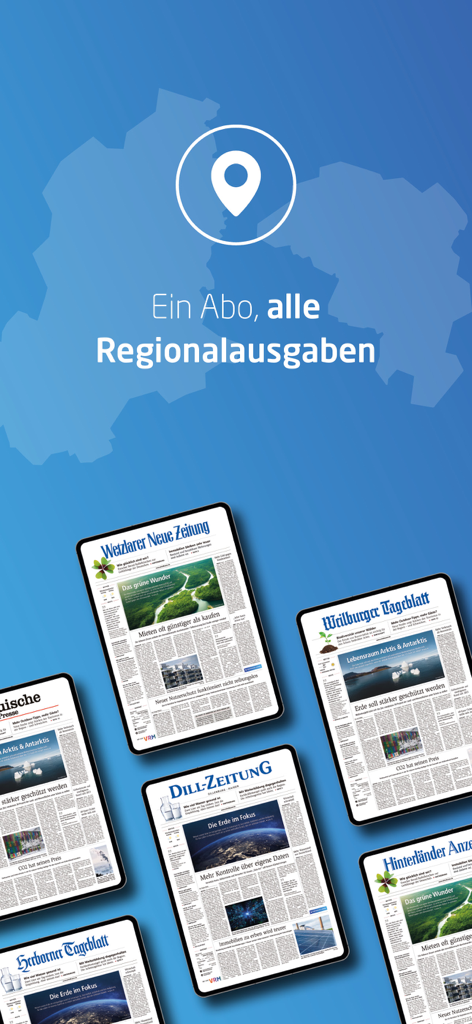 °m E-Paper - Dispositivos móveis exibindo várias edições de jornais regionais da Hesse Central