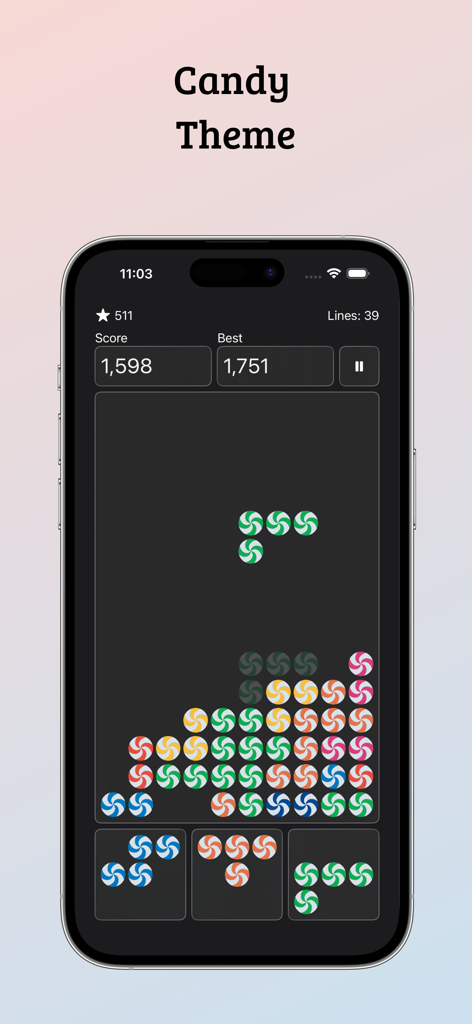Jugabilidad del juego de puzzle Falling Blocks que muestra el colorido tema de caramelo en un iPhone