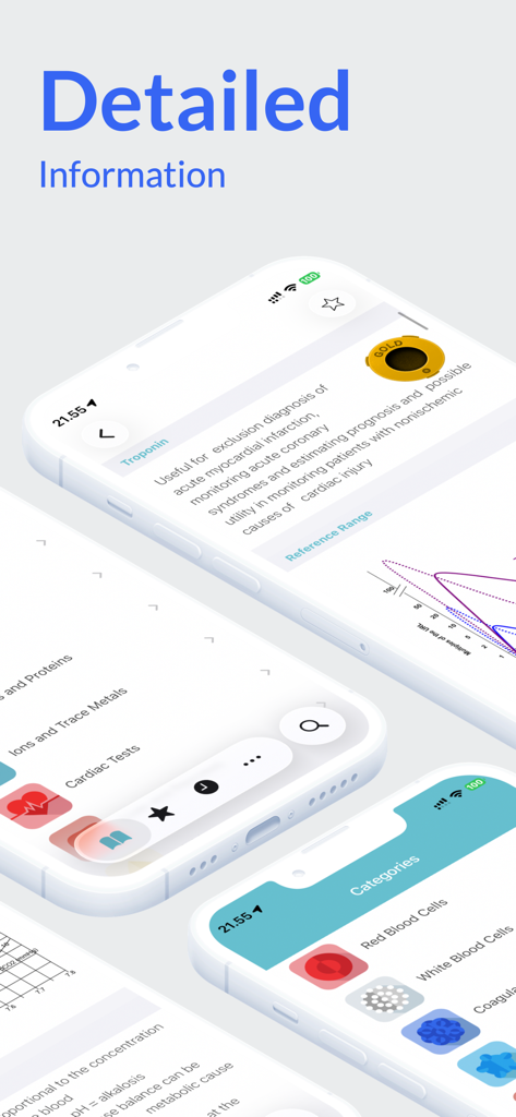 Medical Lab Tests - App screenshots displaying detailed medical lab test data and clinical categories on a smartphone