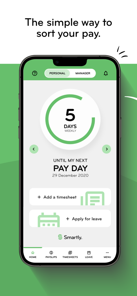 Smartly - Smartly mobile app dashboard showing a countdown to the next pay day and buttons for timesheets and leave