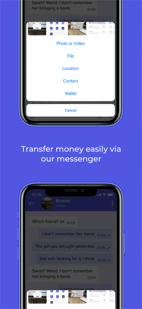 Oberfläche der iWon-App, die Geldtransferoptionen im Messenger-Chat zeigt