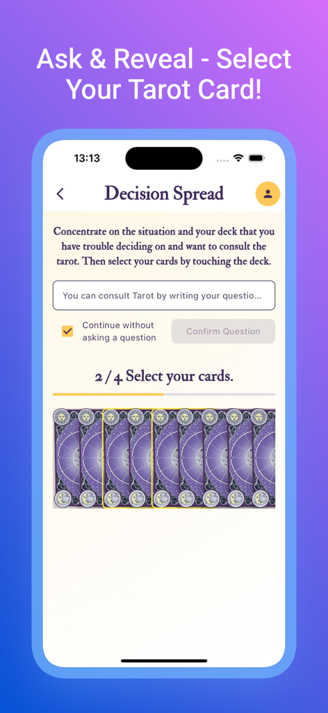 Interfaz de la aplicación Virtual Tarot para seleccionar cartas en una tirada de decisión.