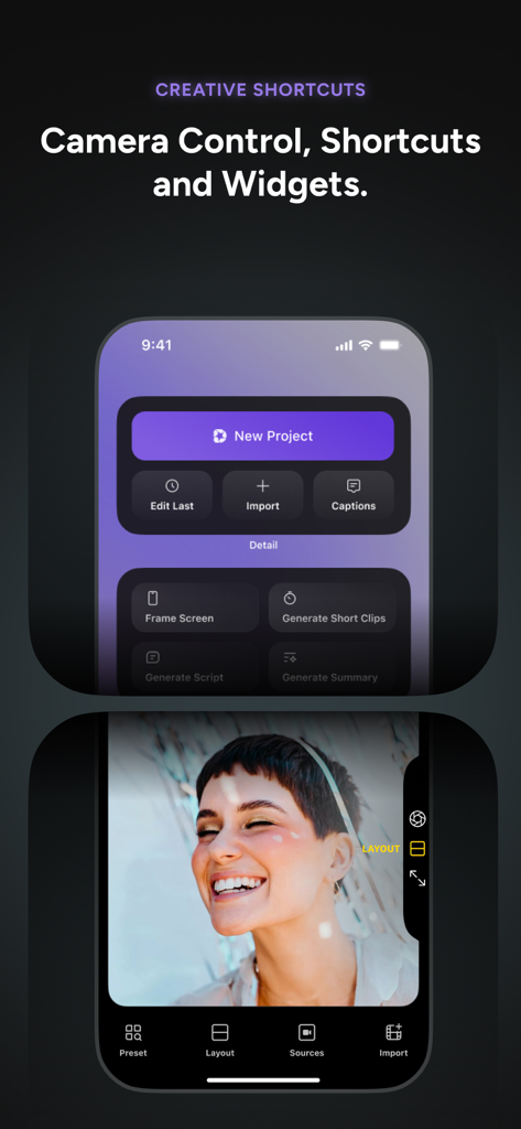 Detail: AI Video Editor - Detail AI Video Editor app interface showing creative shortcuts and camera controls.
