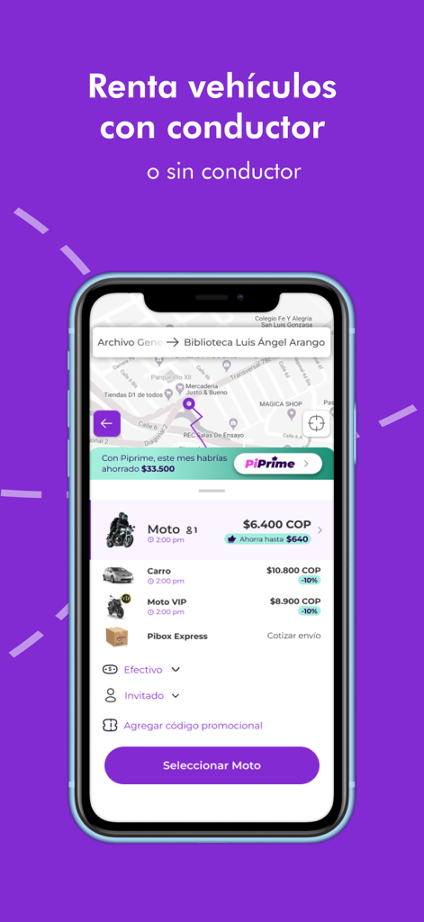 Picap - Mobile interface of Picap app showing ride options like motorcycle and car with a route map and pricing