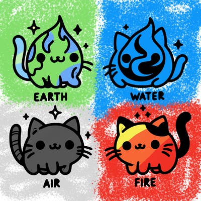 4 cats that represent the different elements, earth, water, air, and fire