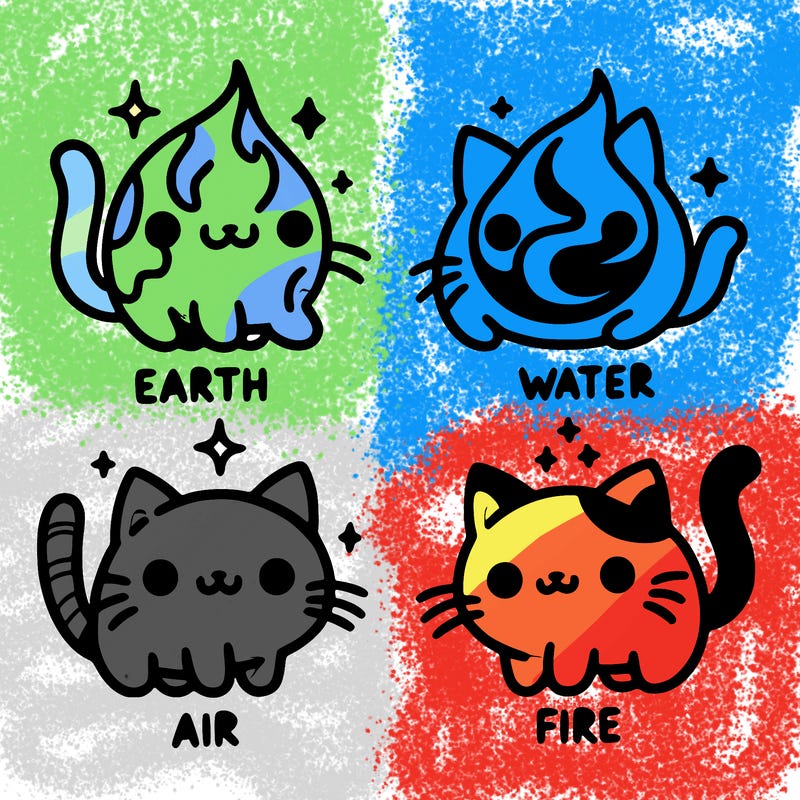 4 cats that represent the different elements, earth, water, air, and fire