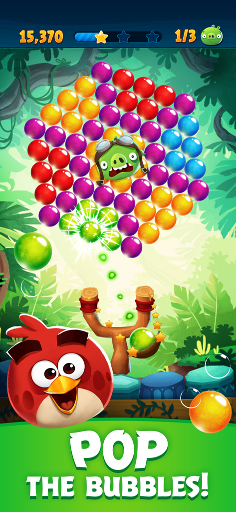 Angry Birds POP! - Angry Bird character Red using a slingshot to pop colorful bubbles and defeat a pig