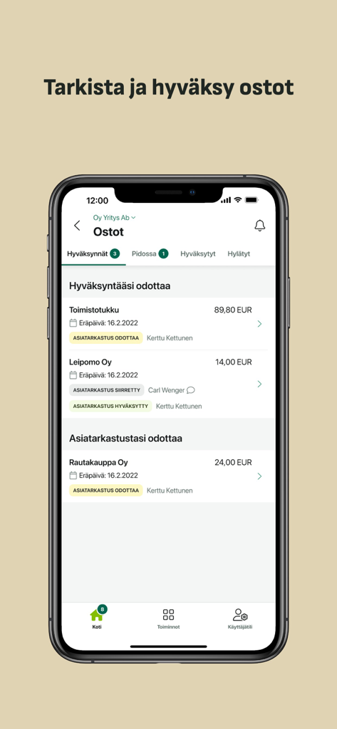 Fennoa mobile app interface showing a list of purchase invoices waiting for approval.