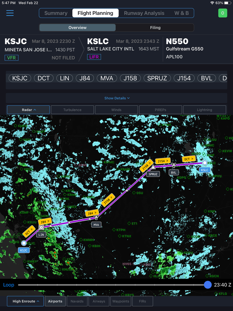 iPad screen of iPreFlight Genesis Dispatch showing a flight plan route from San Jose to Salt Lake City with weather radar overlay.