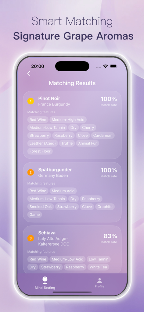 EasyTasting App-Oberfläche, die intelligente Übereinstimmungsergebnisse für Traubenaromen und Weinprofile zeigt