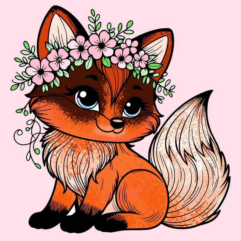 a realistic fox with flowers in its hair