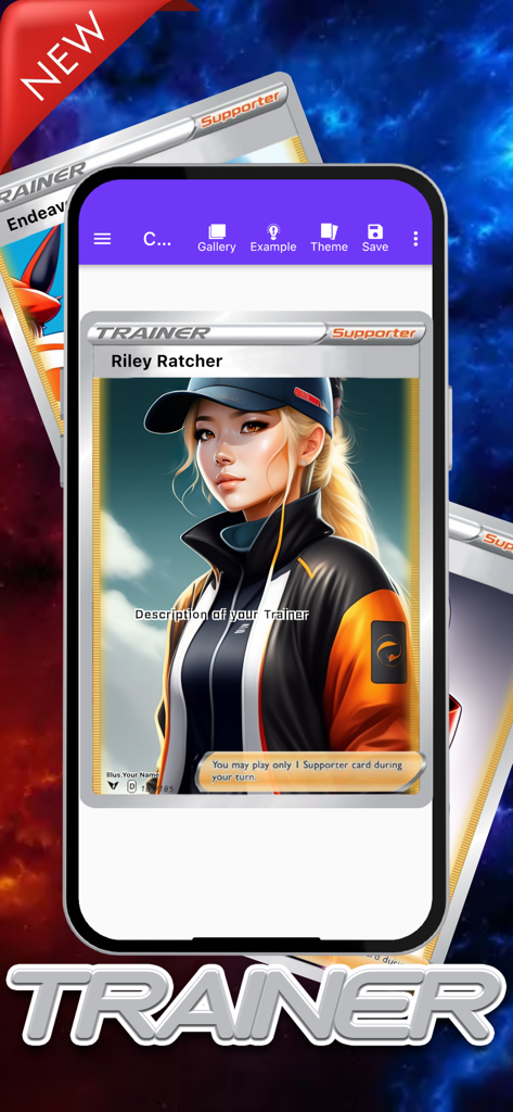 Card Maker Creator for Pokemon - Mobile app interface showing a custom Pokemon Trainer card design with a character portrait and descriptive fields