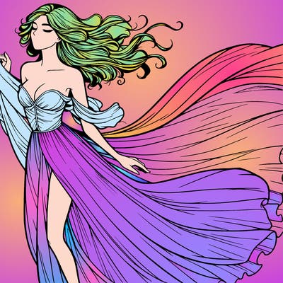 realistic woman in dress flowing the the wind