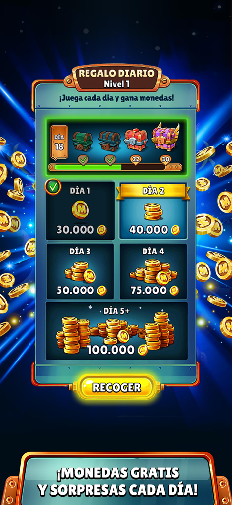 Mundo Slots - Tragaperras Bar - Pantalla de recompensas diarias en Mundo Slots mostrando bonificaciones diarias de monedas y cofres de recompensa.