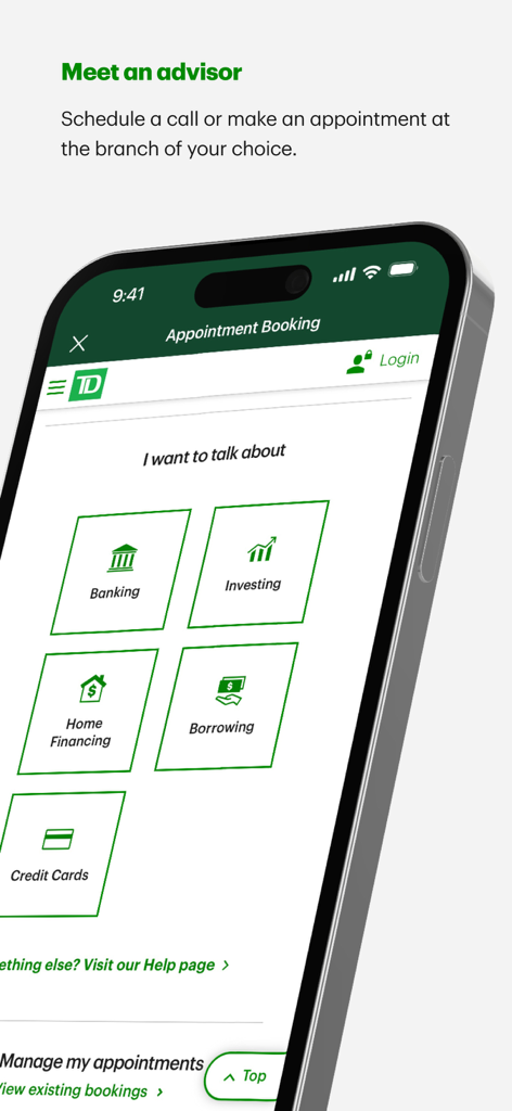 TD Canada Mobile App-Bildschirm zur Buchung eines Termins mit einem Finanzberater