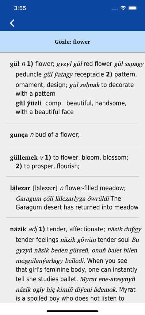 Interface do aplicativo móvel de um dicionário turcomeno-inglês mostrando resultados de pesquisa para a palavra flor com definições e exemplos de uso.
